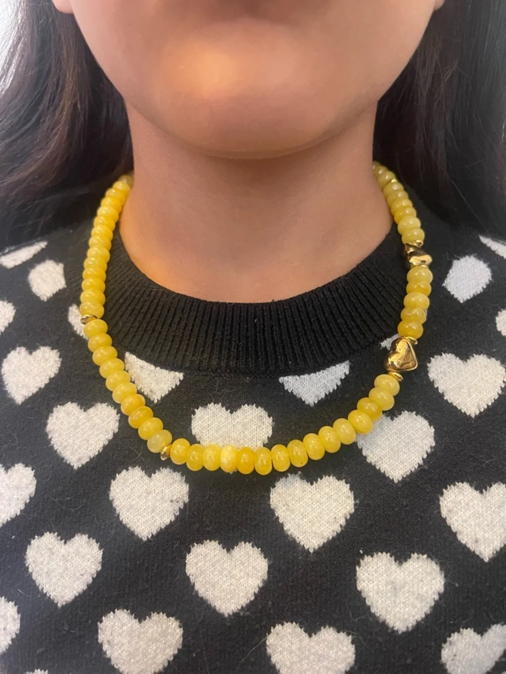 Mayamar Yellow Beaded Necklace with Gold Heart Accents - Picture 4 of 5